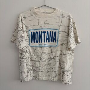 Vintage Sun Sportswear Montana Big Sky All Over Print Map T-Shirt Mens XL Cream